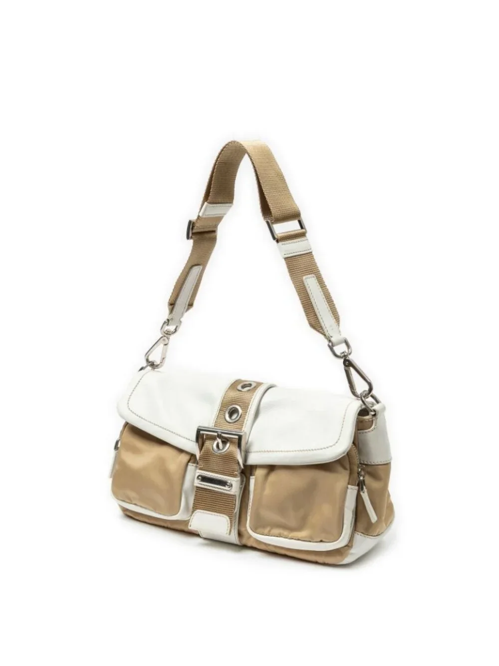 Prada Buckle Flap Bag Crossbody Beige Ivory Nylon Canvas